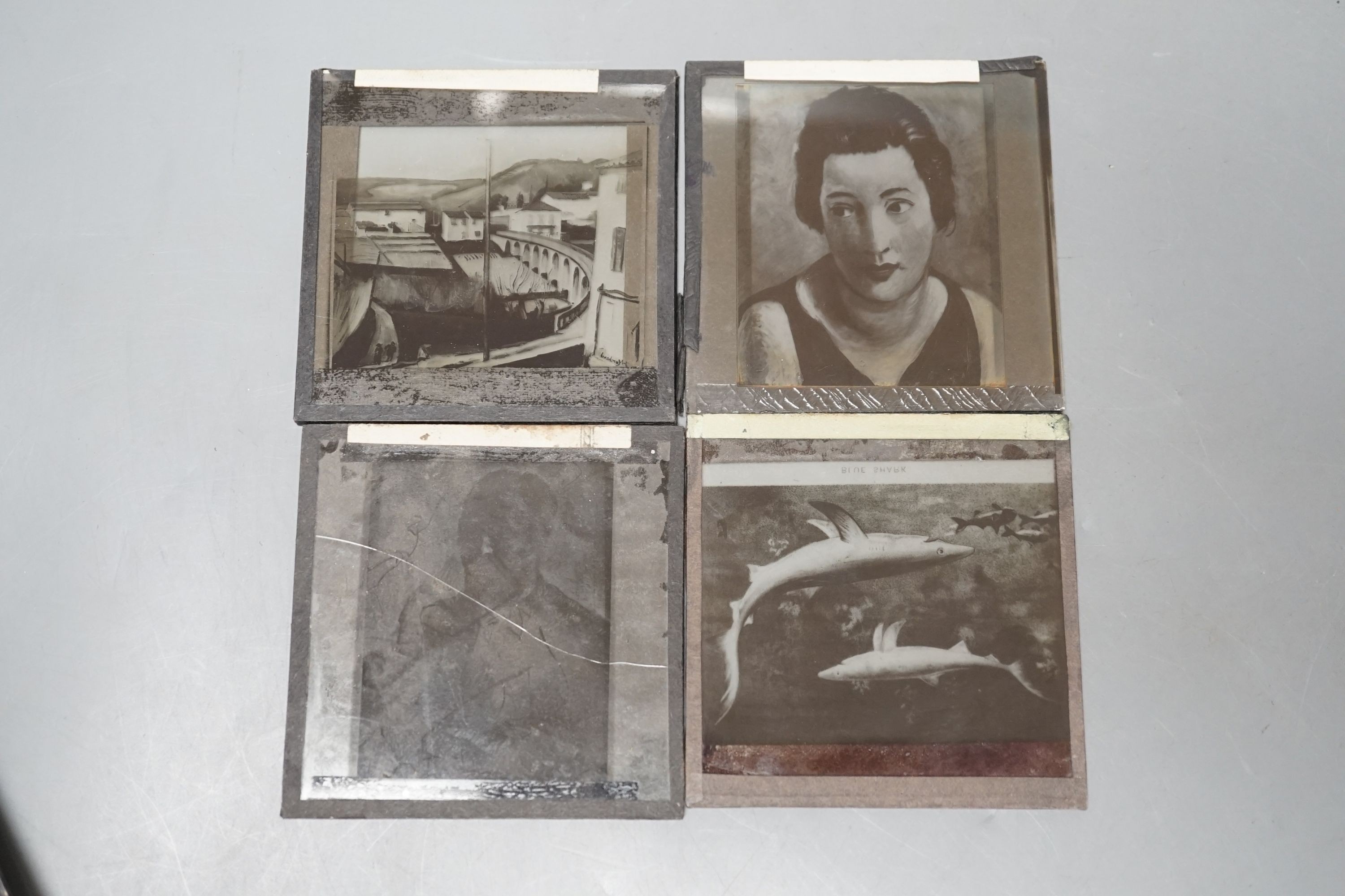 A collection of glass plate photographic slides, famous early 20th century painters etc